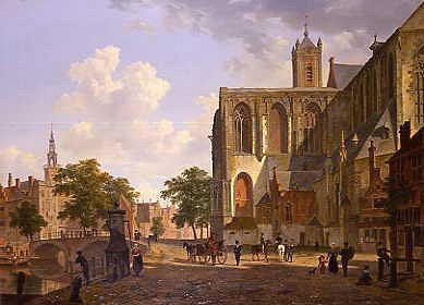 Photo of "HAARLEM, HOLLAND - FIGURES BY A CANAL SIDE CHURCH, 1829" by BARTHOLAMEUS JOHANNES VA HOVE