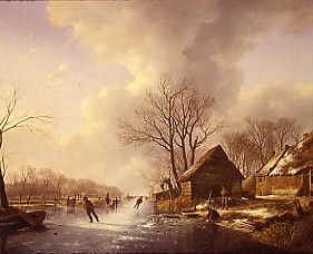 Photo of "SKATERS ON A FROZEN RIVER, 1828" by ANDREAS SCHELFHOUT