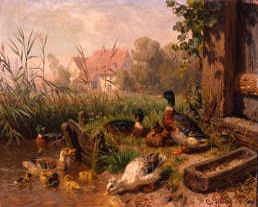 Photo of "DUCKS AND DUCKLINGS BY A POND" by CARL JUTZ
