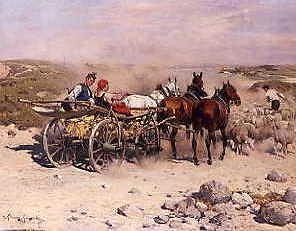 Photo of "A HAYCART, A SHEPHERD AND HIS FLOCK ON A COUNTRY LANE" by ALFRED VON WIERUSZ- KOWALSKI