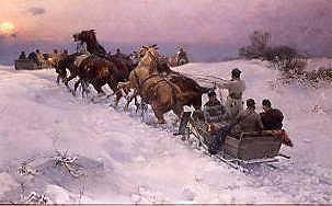 Photo of "SOLDIERS TRAVELLING THROUGH THE SNOW IN HORSE-DRAWN SLEIGHS" by ALFRED VON WIERUSZ- KOWALSKI