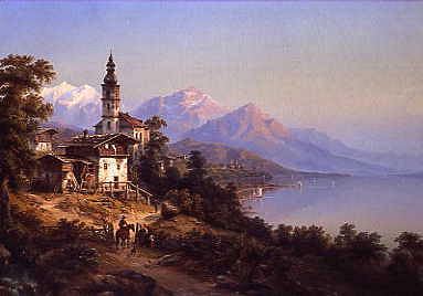 Photo of "ALPINE LANDSCAPE WITH A LAKESIDE VILLAGE" by HEINRICH (ACTIVE 1842-18 JAECKEL