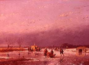 Photo of "SKATERS AT DUSK ON A FROZEN RIVER" by ANDREAS SCHELFHOUT