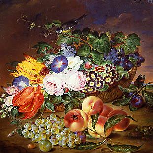 Photo of "A STILL LIFE OF FRUIT AND FLOWERS, 1834" by ANDREAS THEODOR MATTENHEIMER