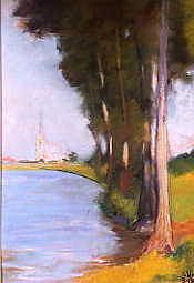 Photo of "TREES BY A LAKE WITH A CHURCH IN THE DISTANCE" by LESSER URY