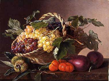 Photo of "STILL LIFE OF AUBERGINES, TOMATOES, CHESTNUTS & GRAPES" by JOHAN LAURENTZ JENSEN