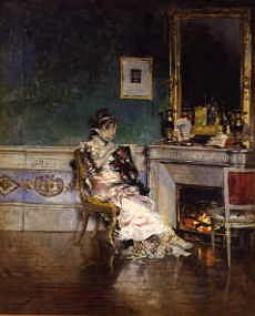 Photo of "A WOMAN SEWING BY THE FIRE" by GIOVANNI BOLDINI