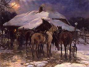 Photo of "HORSES OUTSIDE A COTTAGE ON A WINTER'S NIGHT" by ALFRED VON WIERUSZ- KOWALSKI