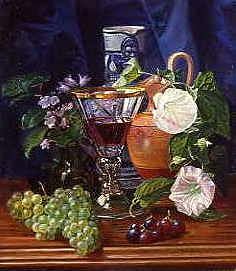 Photo of "A STILL LIFE OF A WINE GLASS, JUGS, GRAPES AND FLOWERS, 1886" by MAGNUS OTTO SOPHUS PETERSEN