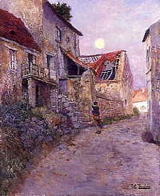 Photo of "A FIGURE IN A VILLAGE STREET, FRANCE" by FRITS THAULOW