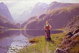 Photo of "GIRL WITH ARAKE STANDING BESIDE A LAKE." by HANS DAHL