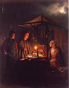 Photo of "FIGURES AT A CANDLELIT GAME STALL, 1863." by PETRUS VAN SCHENDEL