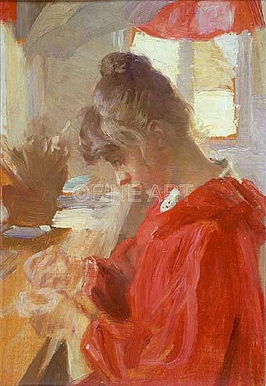 Photo of "A PORTRAIT OF THE ARTIST'S WIFE SEWING AT A TABLE" by PEDER SEVERIN KROYER