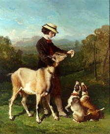 Photo of "THE ARTIST'S DAUGHTER FEEDING A GOAT IN AN EXTENSIVE LAND-" by ALFRED DE DREUX