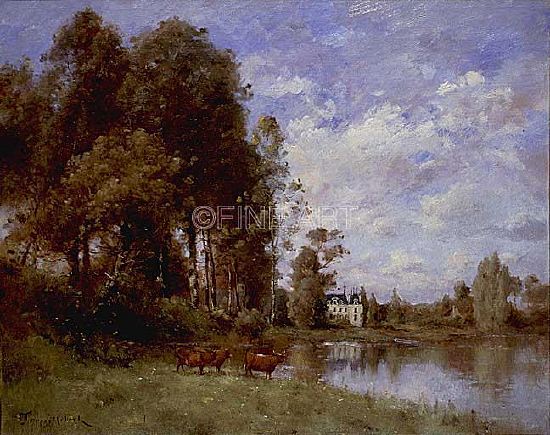 Photo of "CATTLE BY A LAKESIDE CHATEAU" by PAUL DESIRE TROUILLEBERT