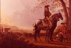 Photo of "AN EVENING LANDSCAPE WITH HUNTSMEN RESTING." by ALBERT CUYP