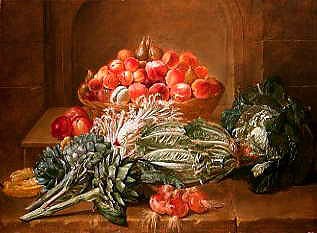 Photo of "STILL LIFE OF ARTICHOKES, CABBAGES AND PEACHES" by JEAN JACQUES SPOEDE