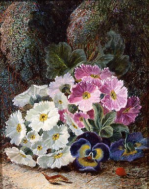 Photo of "A STILL LIFE OF PRIMULAS AND PANSIES" by OLIVER CLARE