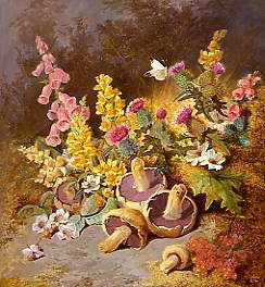 Photo of "STILL LIFE OF FOXGLOVES, MUSHROOMS, SNAPDRAGONS & THISTLES" by THOMAS WORSEY