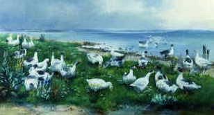 Photo of "GEESE FEEDING ON THE SHORE" by ALFRED SCHONIAN