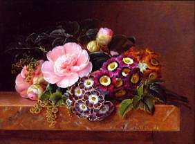 Photo of "A BOUQUET OF PINK CAMELLIAS AND PRIMULA ON MARBLE LEDGE" by JOHAN LAURENTZ JENSEN
