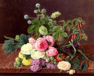 Photo of "MOSS ROSES, PEONIES AND DOUBLE HOLLYHOCKS WITH PURPLE COMMELINA" by JOHAN LAURENTZ JENSEN