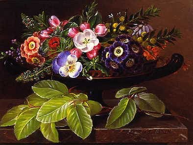 Photo of "APPLE BLOSSOMS, PRIMULA, HEATHER AND YELL0W ACACIA IN GREEK KYLIX" by JOHAN LAURENTZ JENSEN