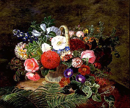 Photo of "A BASKET OF ROSES, DAHLIAS AND MORNING GLORY WITH HONEYSUCKLE" by JOHAN LAURENTZ JENSEN