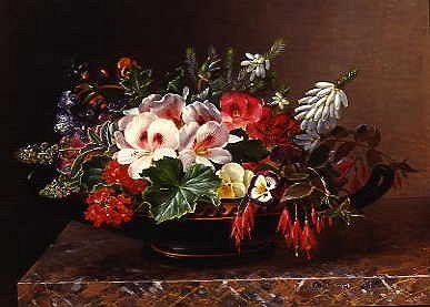 Photo of "WHITE GERANIUMS, PANSIES AND HEATHER IN A GREEK KYLIX" by JOHAN LAURENTZ JENSEN