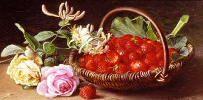 Photo of "STRAWBERRIES IN A BASKET WITH ROSES AND HONEYSUCKLE" by EMMA MULVAD