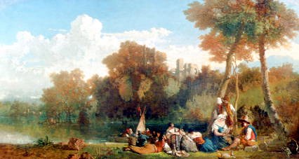 Photo of "A FAMILY PICNIC NEAR A RUINED CASTLE ON THE RIVER" by KARL-FRANS PHILIPPEAU