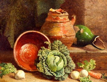 Photo of "A STILL LIFE OF CABBAGES, CARROT AND TURNIPS" by WILLIAM HUGHES