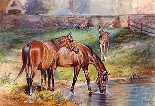 Photo of "A COOLING DRINK (HORSES AND FOAL)" by ARTHUR LEWIS TOWNSHEND