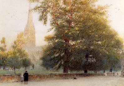 Photo of "SPRING GREEN - SALISBURY CATHEDRAL CLOSE, ENGLAND, 1917" by ALBERT GOODWIN