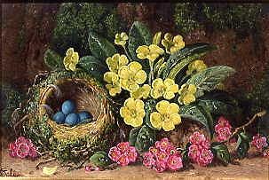 Photo of "A BIRD'S NEST WITH PRIMROSES AND MAY BLOSSOM" by CHARLES THOMAS BALE