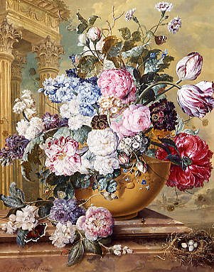 Photo of "A STILL LIFE OF ROSES, DELPHINIUMS AND TULIPS" by JACOBUS LINTHORST