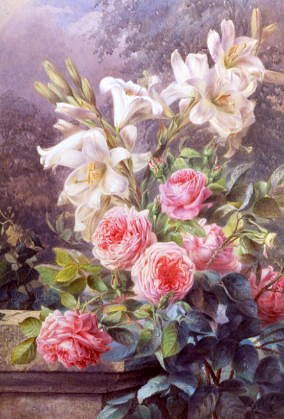 Photo of "A STILL LIFE OF LILIES AND ROSES" by MARY MARGETTS