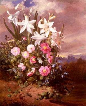 Photo of "A STILL LIFE OF FLOWERS AND BUTTERFLIES" by JOSEF SCHUSTER