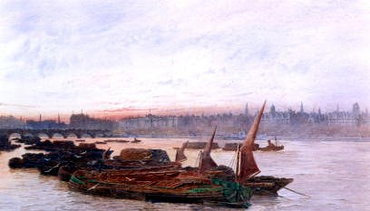 Photo of "BARGES ON THE RIVER THAMES NEAR BLACKFRIARS BRIDGE" by FREDERICK E.J. GOFF