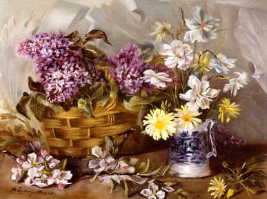Photo of "A STILL LIFE OF PURPLE AND YELLOW FLOWERS" by A SYDNEY (LIFESPAN DATES MOUNT