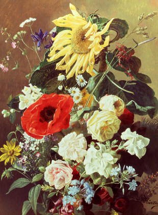 Photo of "A RICH STILL LIFE WITH SUNFLOWER AND ROSES" by C.F. HURTEN