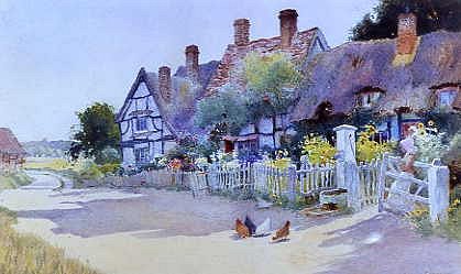Photo of "PRETTY COTTAGES BY THE VILLAGE PUMP" by ARTHUR CLAUDE (IN COPYRI STRACHAN