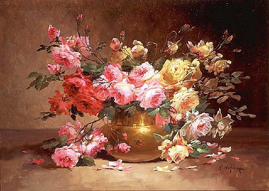 Photo of "A RICH STILL LIFE OF PINK AND YELLOW ROSES" by ALFRED GODCHAUX