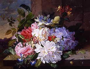Photo of "A PRETTY STILL LIFE OF ROSES, RHODODENDRON AND PASSIONFLOWER" by JOHN WAINWRIGHT