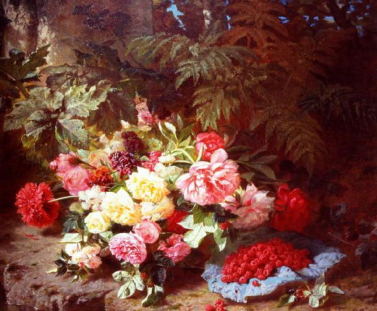 Photo of "A STILL LIFE WITH ROSES AND RASPBERRIES" by JEAN BAPTISTE ROBIE