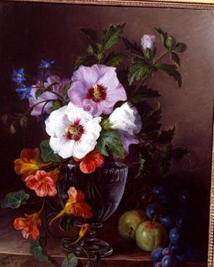 Photo of "A STILL LIFE OF HIBISCUS AND NASTURTIUM IN A GLASS VASE" by JULIE GUYOT
