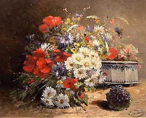 Photo of "A STILL LIFE OF CORNFLOWERS, POPPIES AND VIOLETS" by EUGENE HENRI CAUCHOIS