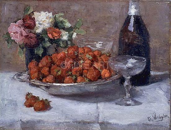 Photo of "NATURE MORTE AUX CHAMPAGNE ET FRAISES" by ISIDORE VERHEYDEN