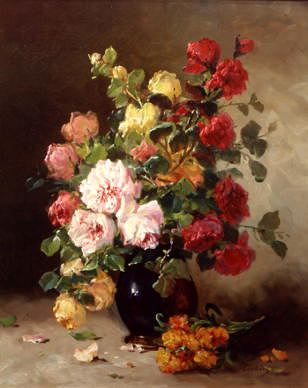 Photo of "A STILL LIFE OF ROSES AND WALLFLOWERS" by EUGENE HENRI CAUCHOIS