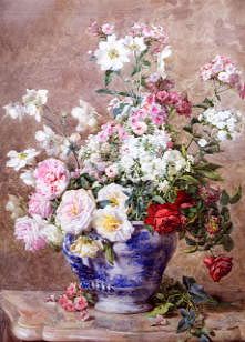 Photo of "A STILL LIFE OF ANEMONES AND ROSES IN A BLUE & WHITE VASE" by FRANCOIS RIVOIRE